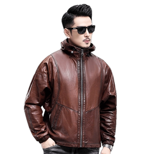 时尚蝙蝠袖潮男真皮皮衣宽松阔版头层山羊皮外套连帽机车皮夹克秋