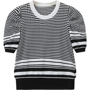 LANDI蓝地圆领黑白条纹泡泡短袖螺纹套头针织衫女薄款小衫夏新品