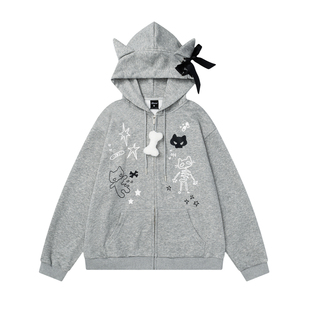 HTTAOSUP美式复古骷髅猫咪印花开衫灰色外套女男秋猫耳朵连帽卫衣