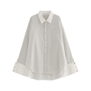 MOERSHOP  腔调理念 复古麻棉白竖条纹大袖子衬衫女拼接长袖上衣