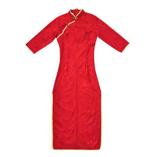 新款复古民国风七分袖红色礼仪旗袍女高级感连衣裙长款气质优雅