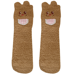 加厚珊瑚绒袜子女中筒袜冬季保暖毛绒袜可爱卡通小熊睡眠袜毛毛袜