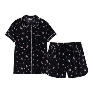 罗丝美春夏睡衣棉+氨纶针织印花异色镶边短袖短裤两件套19150