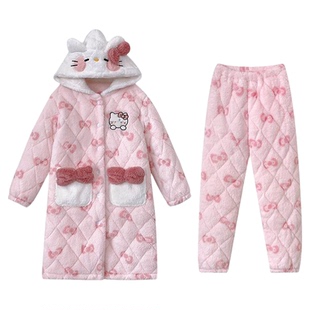 HelloKitty睡衣女秋冬季珊瑚绒三层夹棉加绒甜美可爱冬款家居服