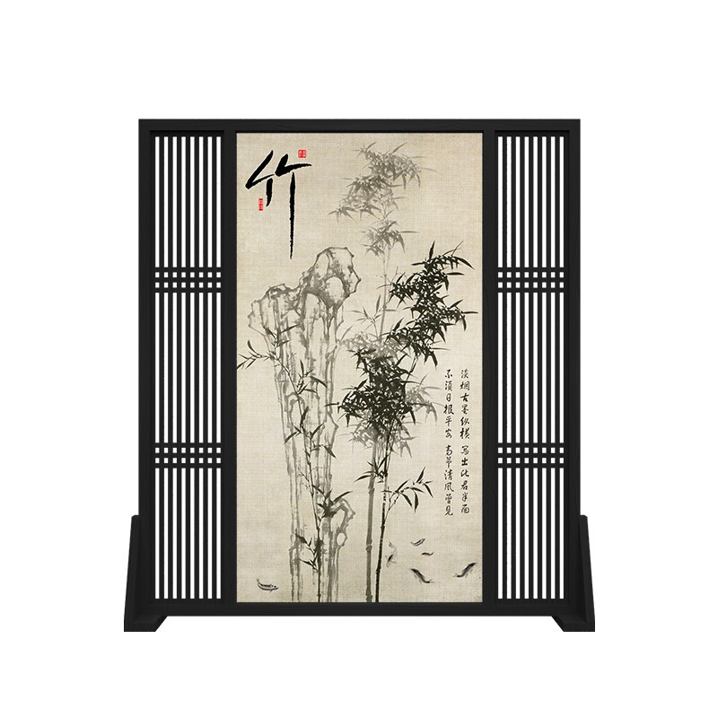 中式水墨竹子半透明纱画屏风隔断