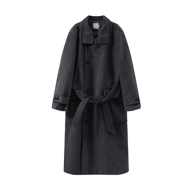 灰色高领系带混纺中长款大衣