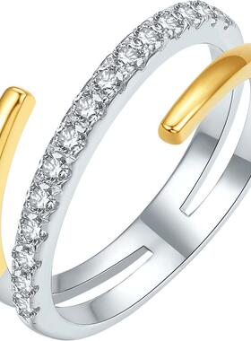 周六福戒指女S925银黄金色几何指环手饰时尚送女友节日礼物