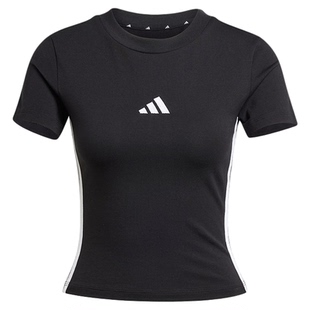 adidas阿迪达斯短款修身运动休闲圆领上衣三条纹女短袖T恤 JC8325