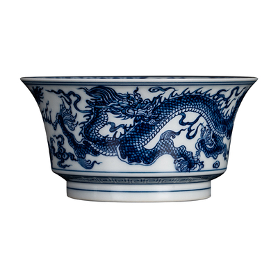 钟家窑茶杯景德镇柴窑青花手绘三龙马蹄杯个人功夫茶具品茗杯收藏