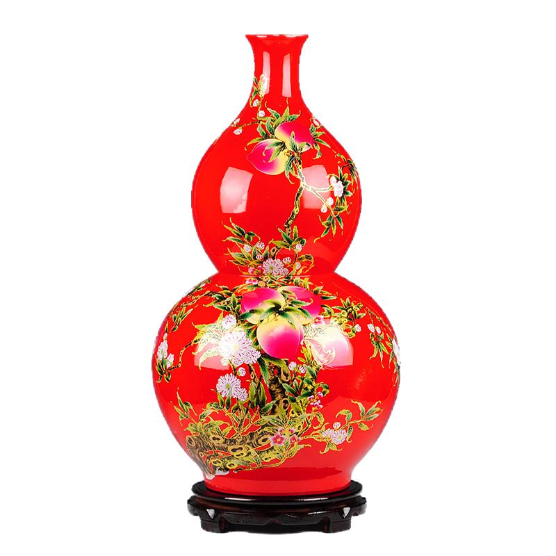 景德镇陶瓷器 中国红色福寿图葫芦落地大花瓶 客厅装饰工艺品摆件
