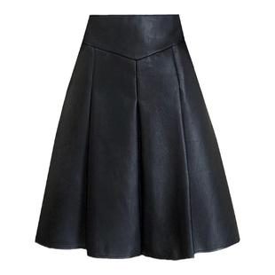 大码皮裙半身裙女中裙高腰口袋a字裙秋冬遮肚子显瘦中长款百褶裙