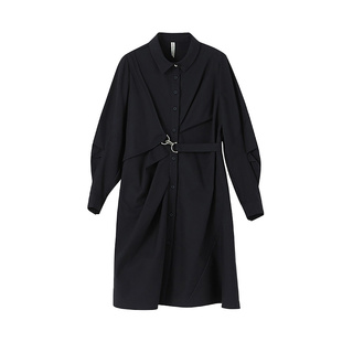 SANI奥莱特卖商场同款压褶收腰春秋设计感衬衫裙通勤中长连衣裙女