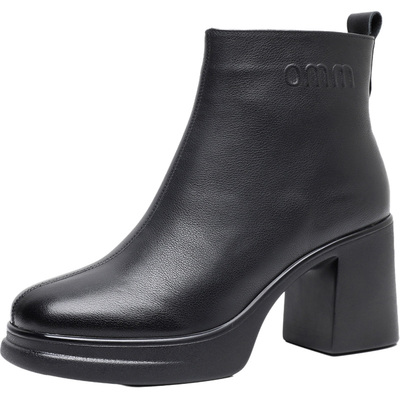 真皮短靴女粗跟防水台高跟鞋棉皮鞋冬款女靴子厚底加绒黑色瘦瘦靴