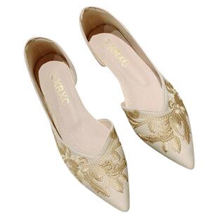 2025年新款国风刺绣布面尖头侧空平底单鞋女显瘦浅口舒适软底瓢鞋