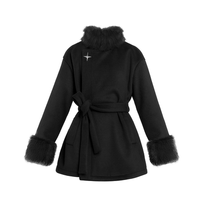 VOCK 曜石黑 暗黑富家千金新年短款拼接皮草立领毛呢外套大衣保暖