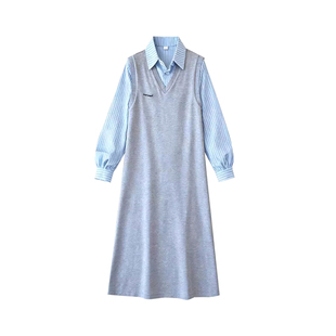 孕妇连衣裙春秋2026新款灰色假两件拼接条纹衬衣不显怀针织裙长款