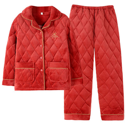 女士珊瑚绒夹棉睡衣冬季三层加厚