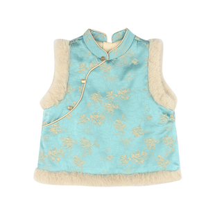 大耳象女童碎花毛绒马甲半裙冬款宝儿新中式织锦拜年服保暖厚套装