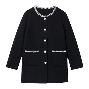 采多宝大码女装胖mm2025冬季新款重工手工钉珠圆领减龄中长外套