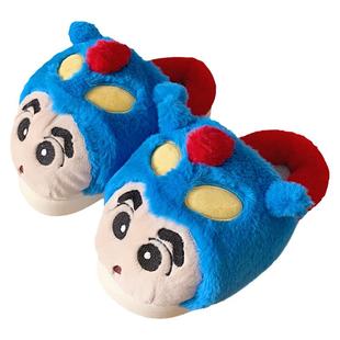 细细条情侣蜡笔小新小白毛绒月子鞋冬季保暖防滑居家棉拖鞋男女