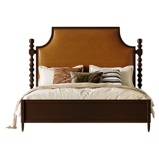 美式复古实木双人床法式主卧大床中古风软包橙色皮床高箱储物婚床