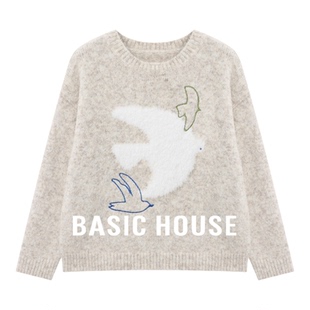 Basic House/百家好米色飞鸟刺绣软糯圆领毛衣女秋冬宽松针织上衣