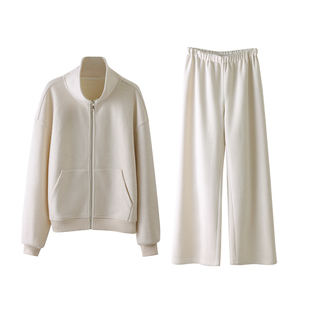 HAMYIHO天丝羊毛复合底绒加厚立领卫衣女款冬季直筒保暖卫裤套装