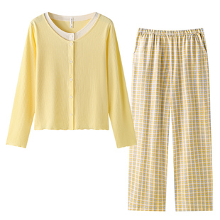 贝妍新款睡衣女春秋季柔软棉长袖家居服甜美显白设计感假两件套装