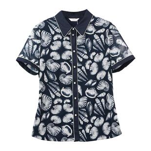 HONRN/红人休闲气质蓝色短袖设计感印花衬衫上衣女夏款HH22OZ263
