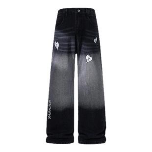 爱心字母刺绣牛仔裤男款春秋潮牌痞帅炸街休闲裤子美式高街微喇裤