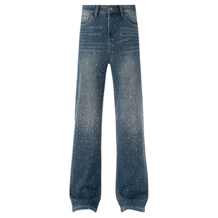 拉夏贝尔亮闪闪烫钻阔腿牛仔裤女春秋冬新款加绒高腰显瘦直筒裤子