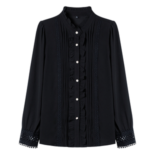 立领雪纺衬衫女2026年秋装新款洋气木耳边女士黑色保暖衬衣女加绒