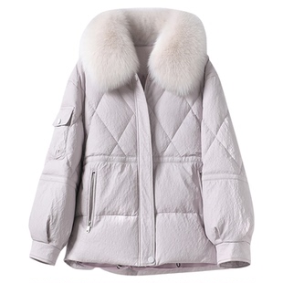 2025冬新款海宁狐狸毛领真皮羽绒服女短款绵羊皮外套时尚紫色皮衣