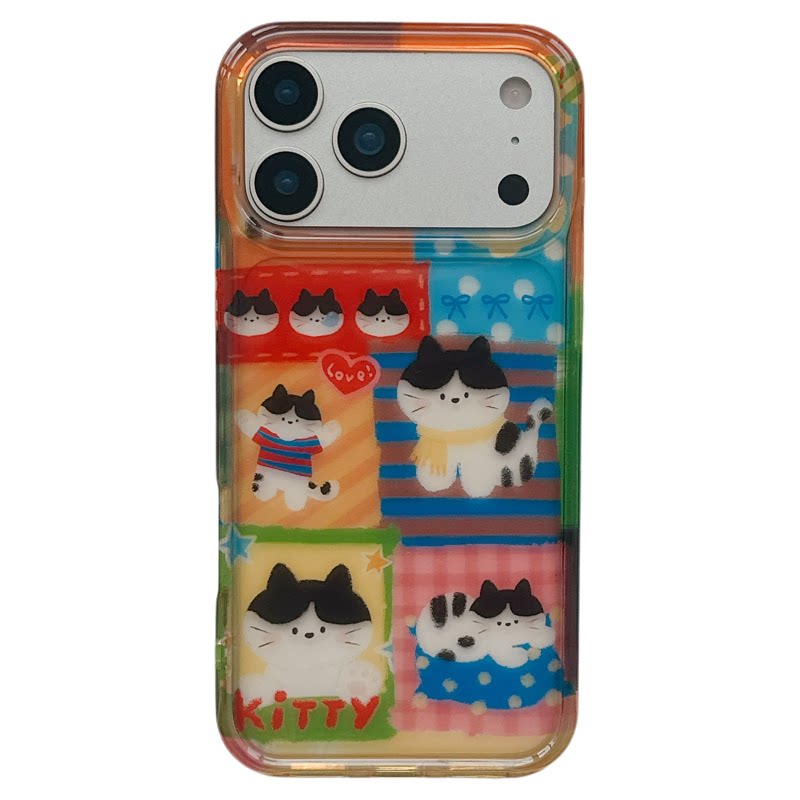 MoreRex半透彩色格子可爱卡通猫咪适用苹果18手机壳iphone17promax新款16pro带链条15防摔保护套14双层17女款