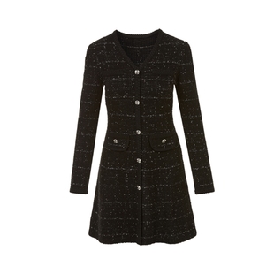 LIME莱茵V领优雅小香风针织连衣裙黑色秋冬新款轻奢收腰A字裙