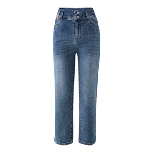 娅丽达深蓝色直筒烟管牛仔裤女2025秋季小个子女裤宽松显瘦法棍裤