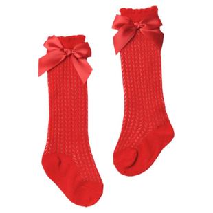 女宝宝红色喜庆网眼中筒袜蝴蝶结婴儿薄款袜子配周岁百天礼服抓周