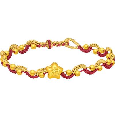 潮宏基小福星黄金手链足金手绳转运珠硬金本命年红绳新年礼物