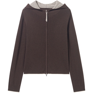 衣香丽影撞色双拉链连帽针织开衫女2025年冬装新款宽松慵懒风毛衣