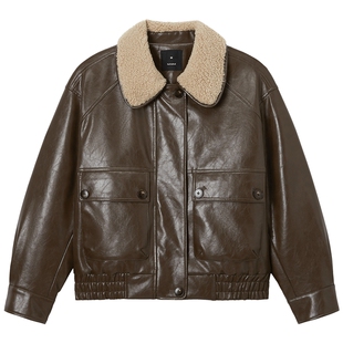 热风女士夹克外套2025年冬季新款都市PU仿皮复古机车风翻领外套