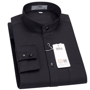 男士长袖圆领衬衫全棉免烫黑色丝光棉中华立领占领纯棉衬衣