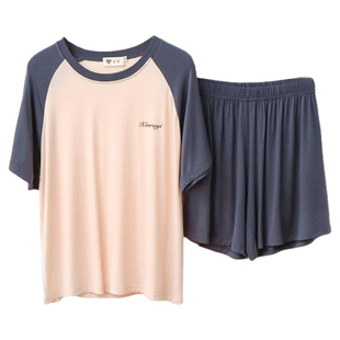 莫代尔睡衣女士春夏季薄款短袖短裤家居服拼色休闲大码套装可出门