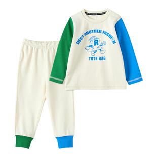 RYSONMOON男童女童a类家居服秋冬季蓝绿袖撞色保暖棉睡衣秋衣套装