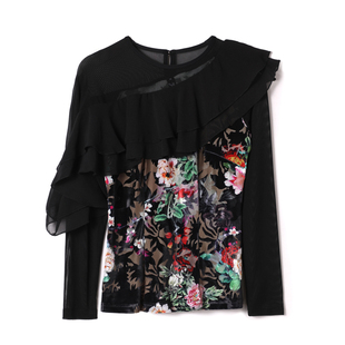 箐箐佳美新款摩登舞上衣女荷叶边长袖斜领印花丝绒广场舞蹈练功服