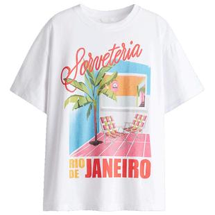 HM女装T恤冬季宽松美式水果印花酒红色度假风上衣1274174