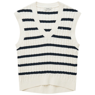 Hazzys哈吉斯条纹背心女士休闲无袖春秋季宽松英伦条纹潮流针织衫