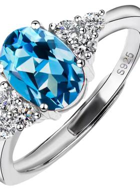 925纯银镶嵌天然蓝托帕石戒指女