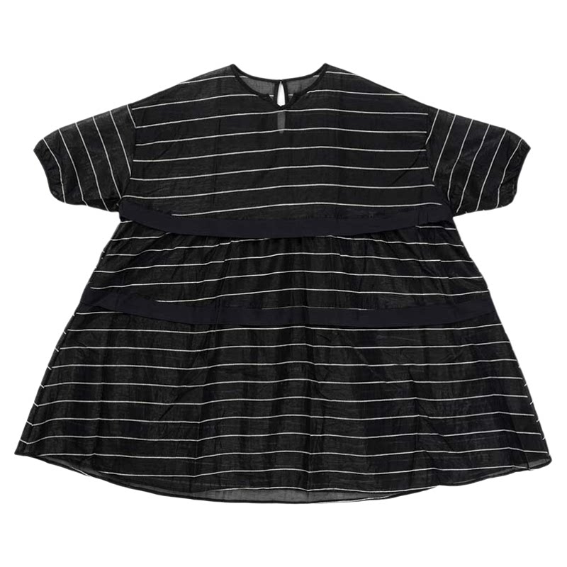 a02慵懒风宽松黑色条纹连衣裙2026夏季新款大码女装胖MM中袖裙子