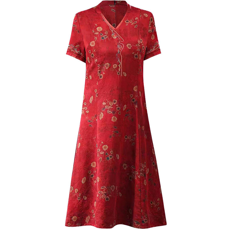 花萝香云纱桑蚕丝连衣裙中长款