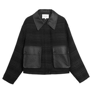 ELLE法式绵羊毛拼接短外套女2025冬季新款设计感翻领通勤休闲上衣